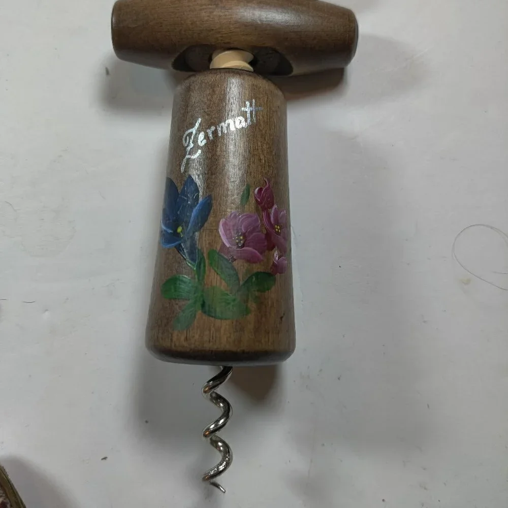Wine Opener from Switzerland , city of Zermatt with Hand Painted Flowers on wood